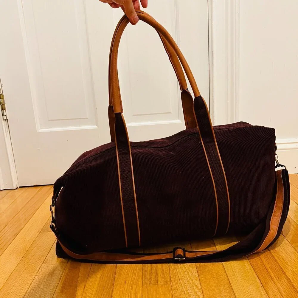 Vintage 80's 90's Corduroy and Leather Large Duffle Bag